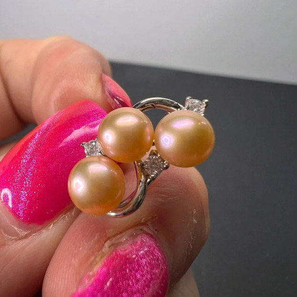 Pink Freshwater and CZ Rhodium Over Sterling Silver Earrings with omega backs - Picture 9 of 12